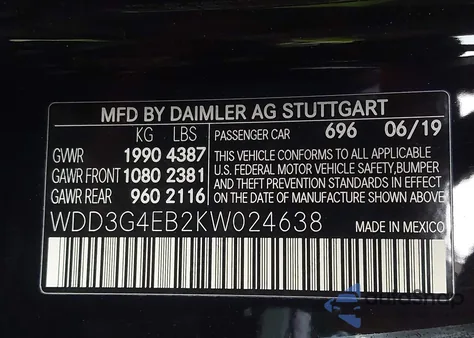 2019 Mercedes-Benz A 220 из США, поврежденный, VIN WDD3G4EB2KW024638